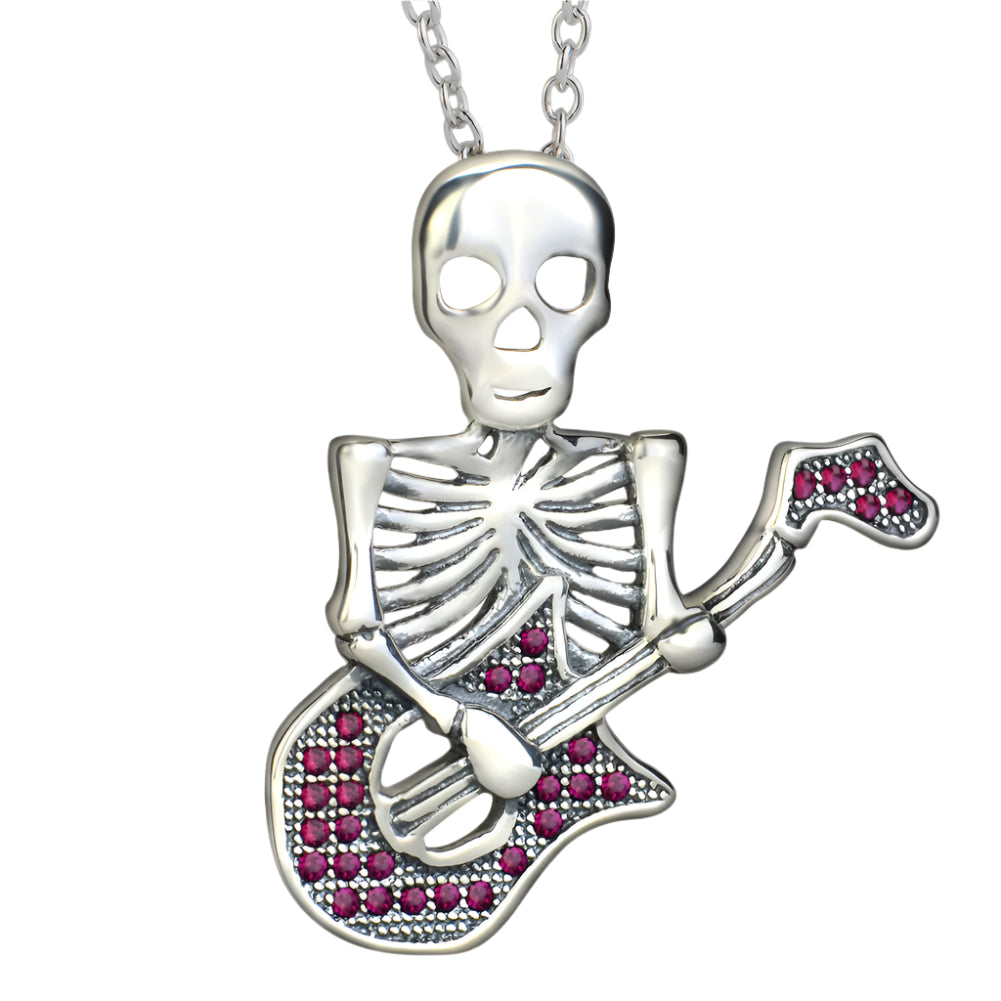 Skeleton Playing Guitar Pendant 925 Sterling Silver Necklace