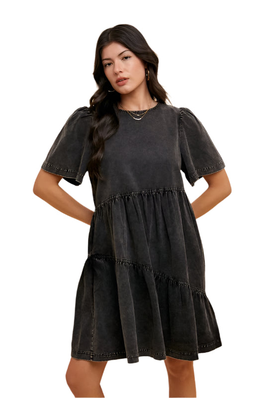 Annie Wear Mineral Washed Round Neck Short Sleeve Denim Dress