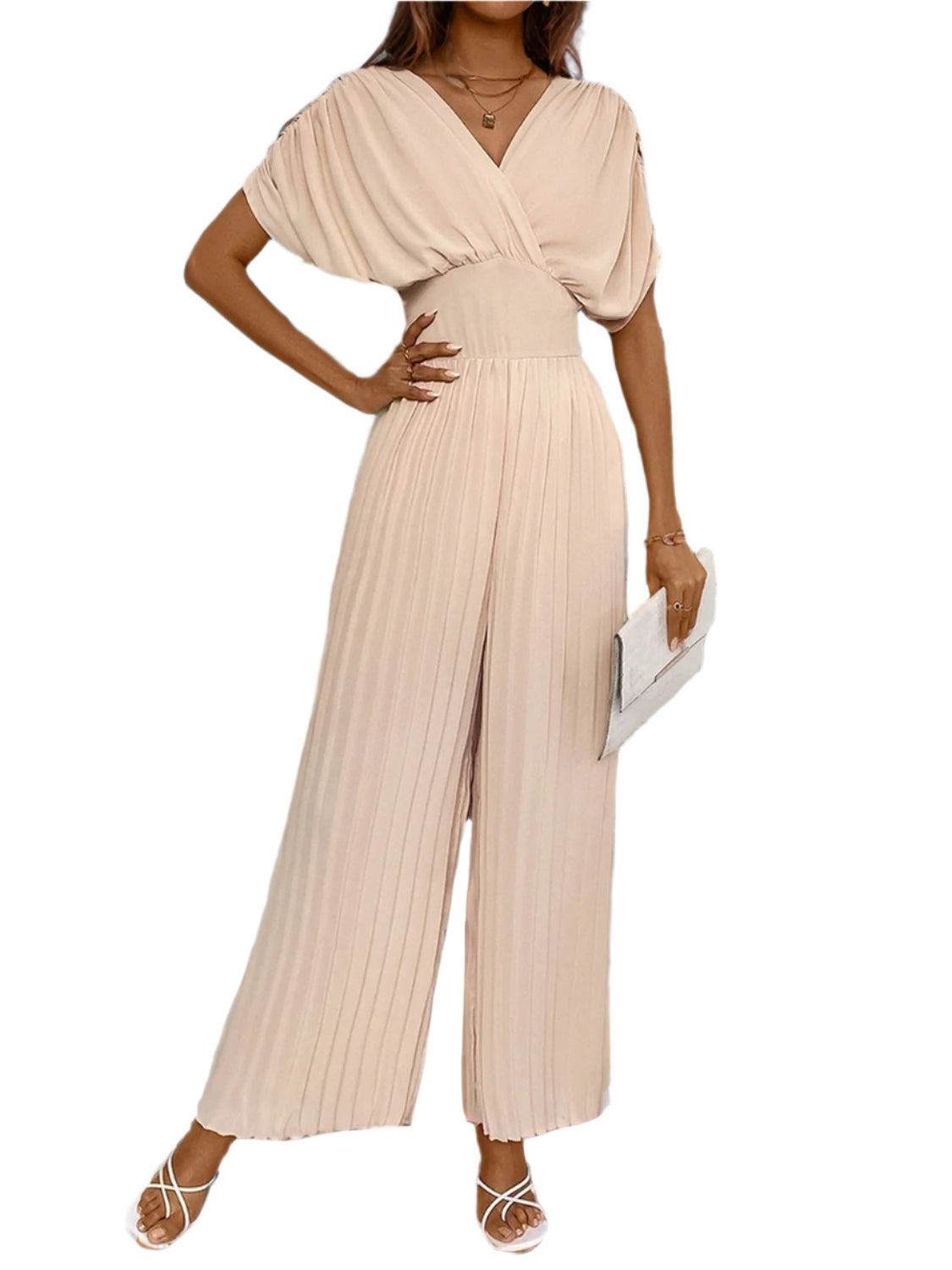Perfee Pleated Short Sleeve Wide Leg Jumpsuit