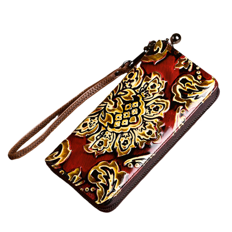 Cowhide Floral Zippered Wallet with Built-in Strap