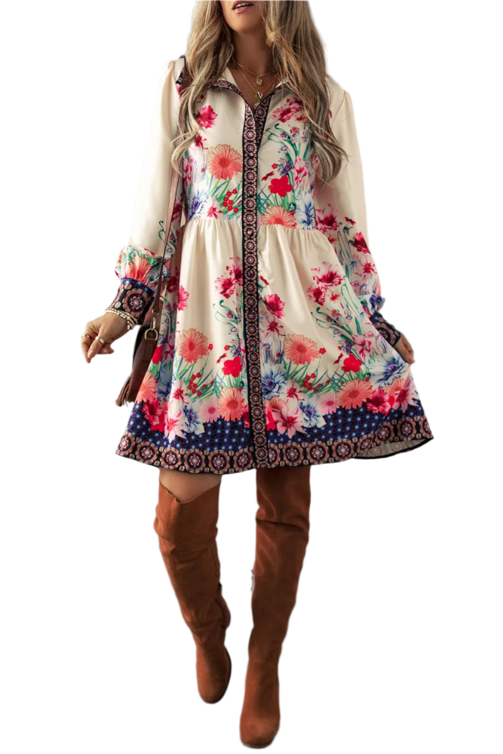 Flower Button Down Lantern Sleeve Dress