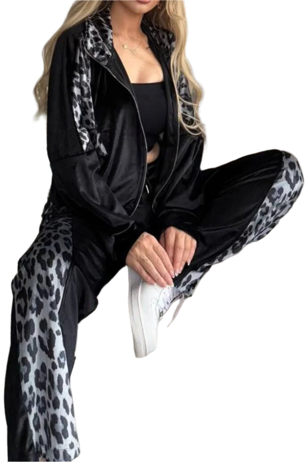 Full Size Collared Neck Leopard Zip Up Top and Pants Set Plus Size