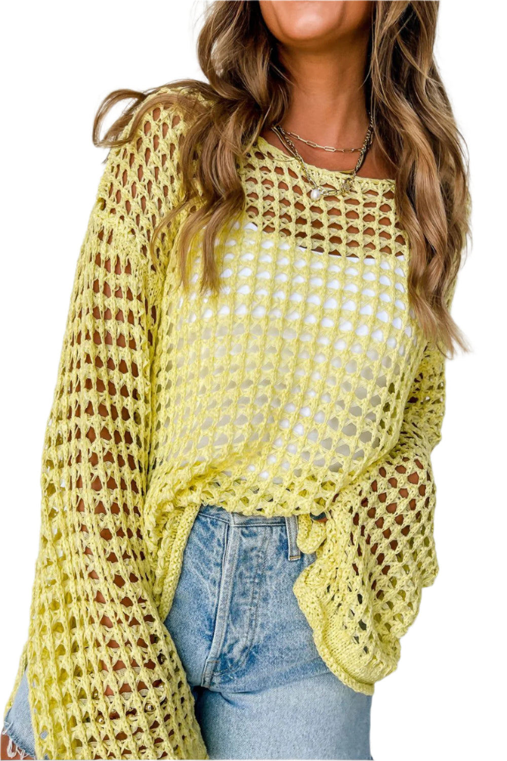 Openwork Round Neck Dropped Shoulder Knit Cover Up