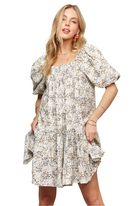ADORA Floral Square Neck Puff Sleeve Dress