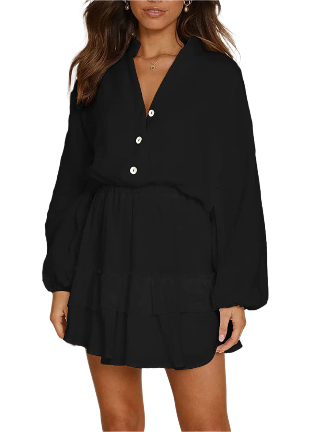 Ruffled Notched Balloon Sleeve Mini Dress
