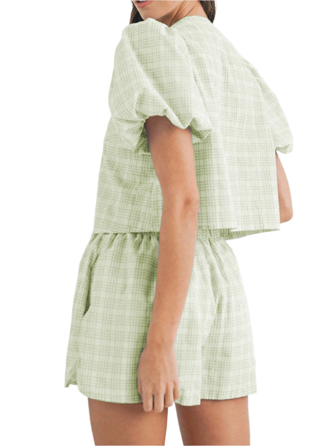 V-Neck Puff Sleeve Top and Shorts Set