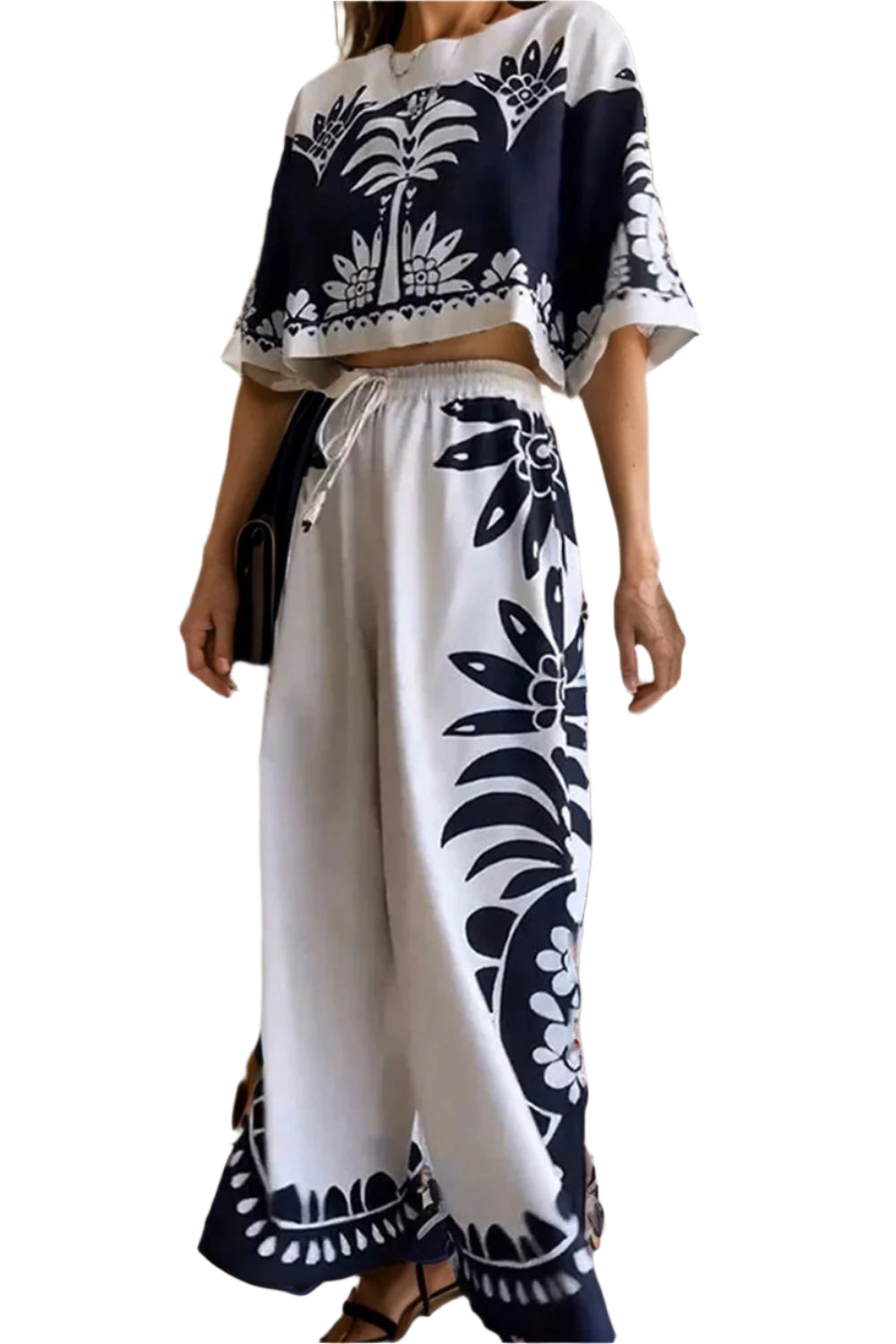 Printed Half Sleeve Top and Wide Leg Pants Set