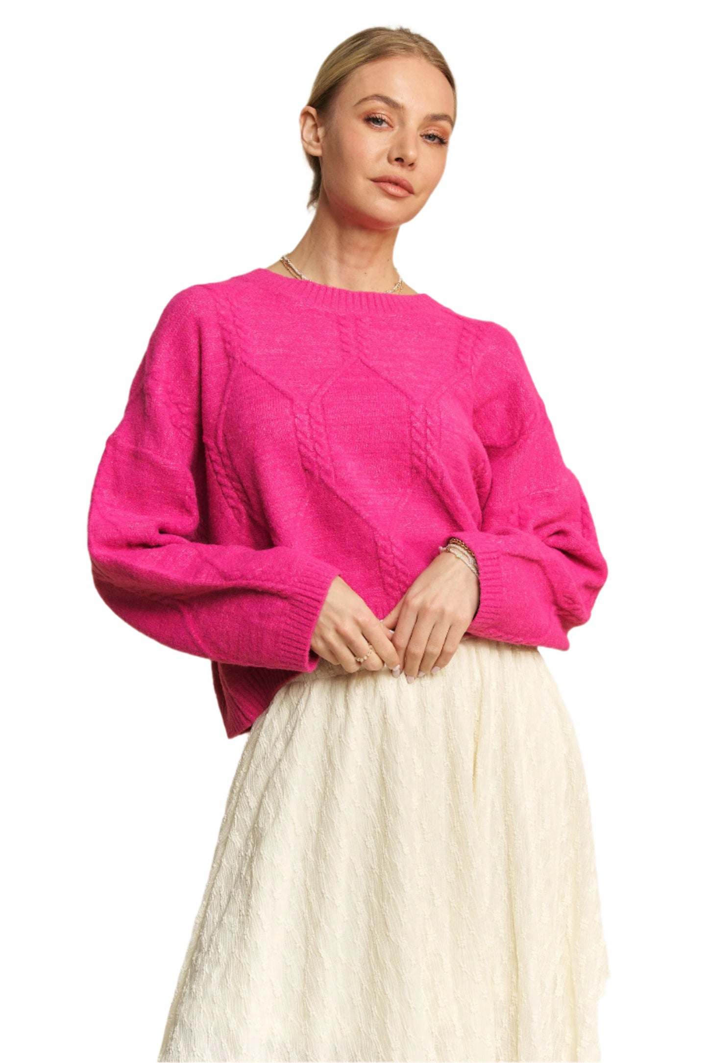 Davi & Dani Diamond Cable Pattern Drop Shoulder Sweater