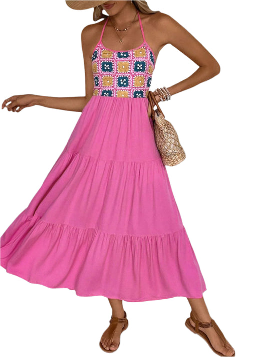 Perfee Printed Halter Neck Tiered Midi Dress