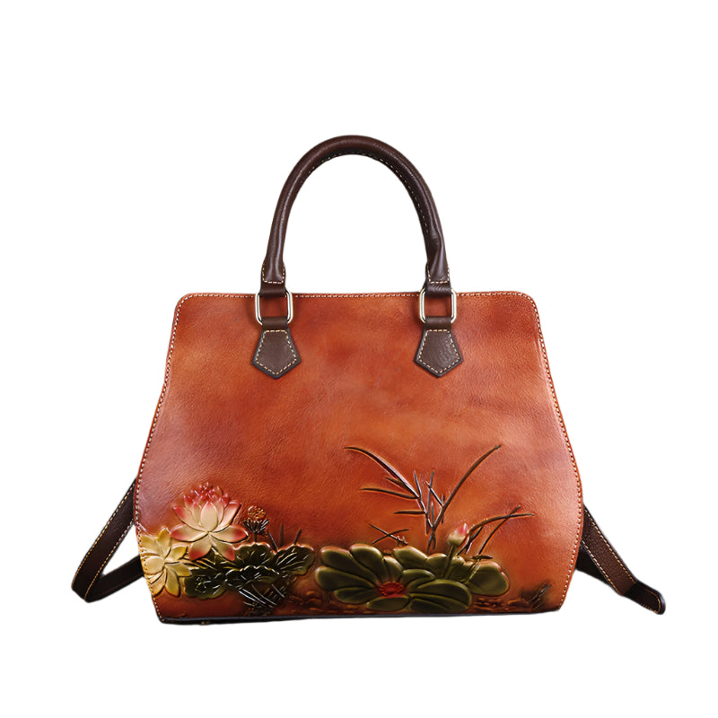 Cowhide Lotus Motif Handbag