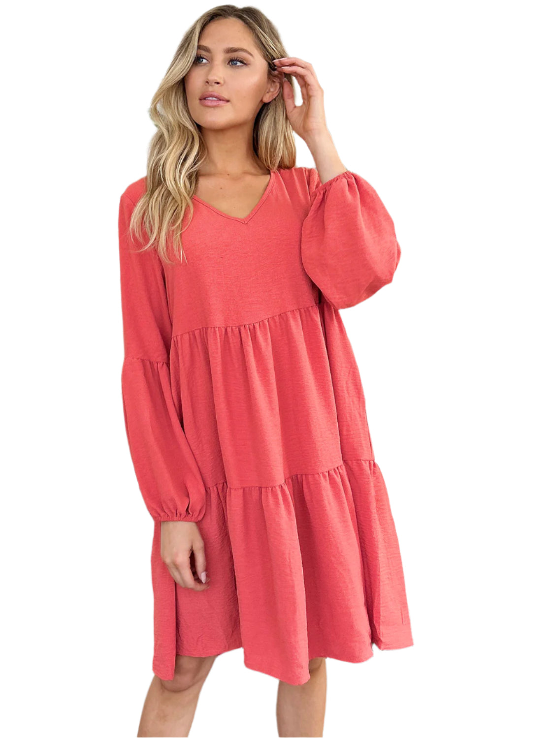 Double Take Full Size V-Neck Balloon Sleeve Tiered Dress with Pockets