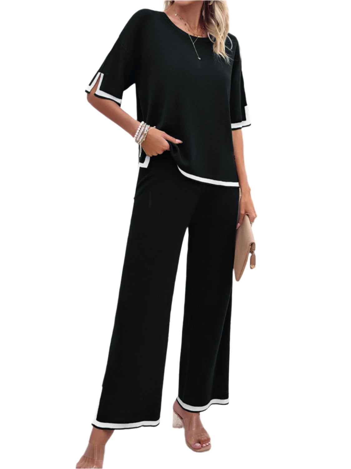 Devine Contrast Trim Round Neck Top and Pants Set