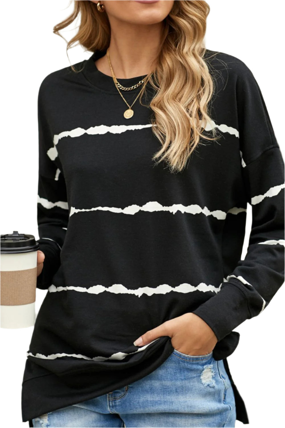 Slit Contrast Striped Round Neck Long Sleeve T-Shirt