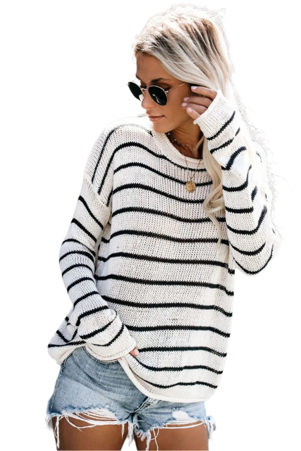 Striped Round Neck Drop Shoulder Sweater
