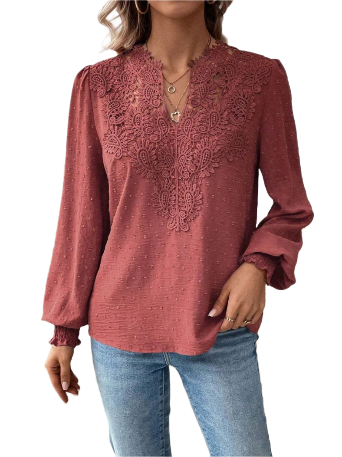 Swiss Dot Lace Detail Notched Long Sleeve Blouse