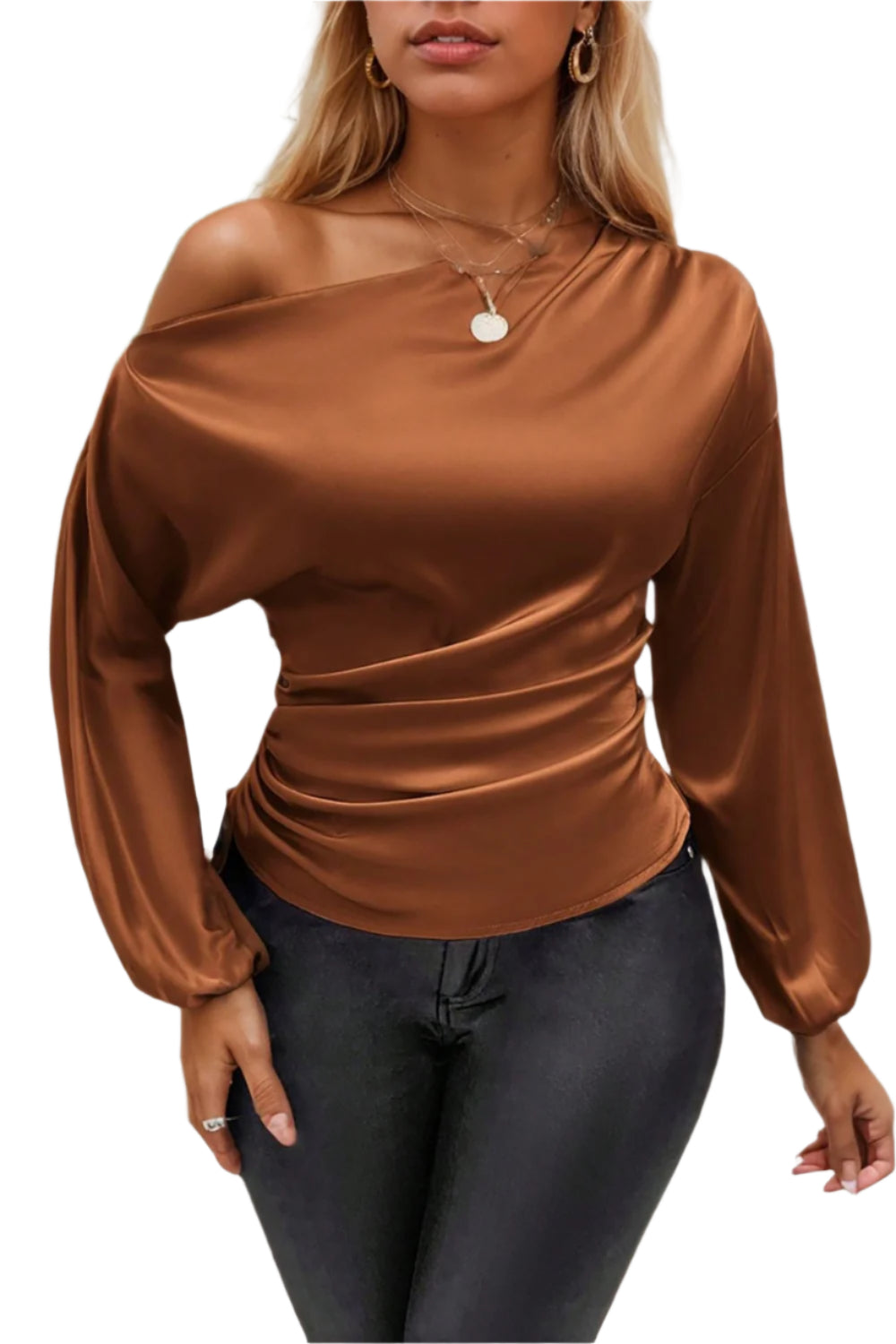 Drawstring One Shoulder Long Sleeve Blouse