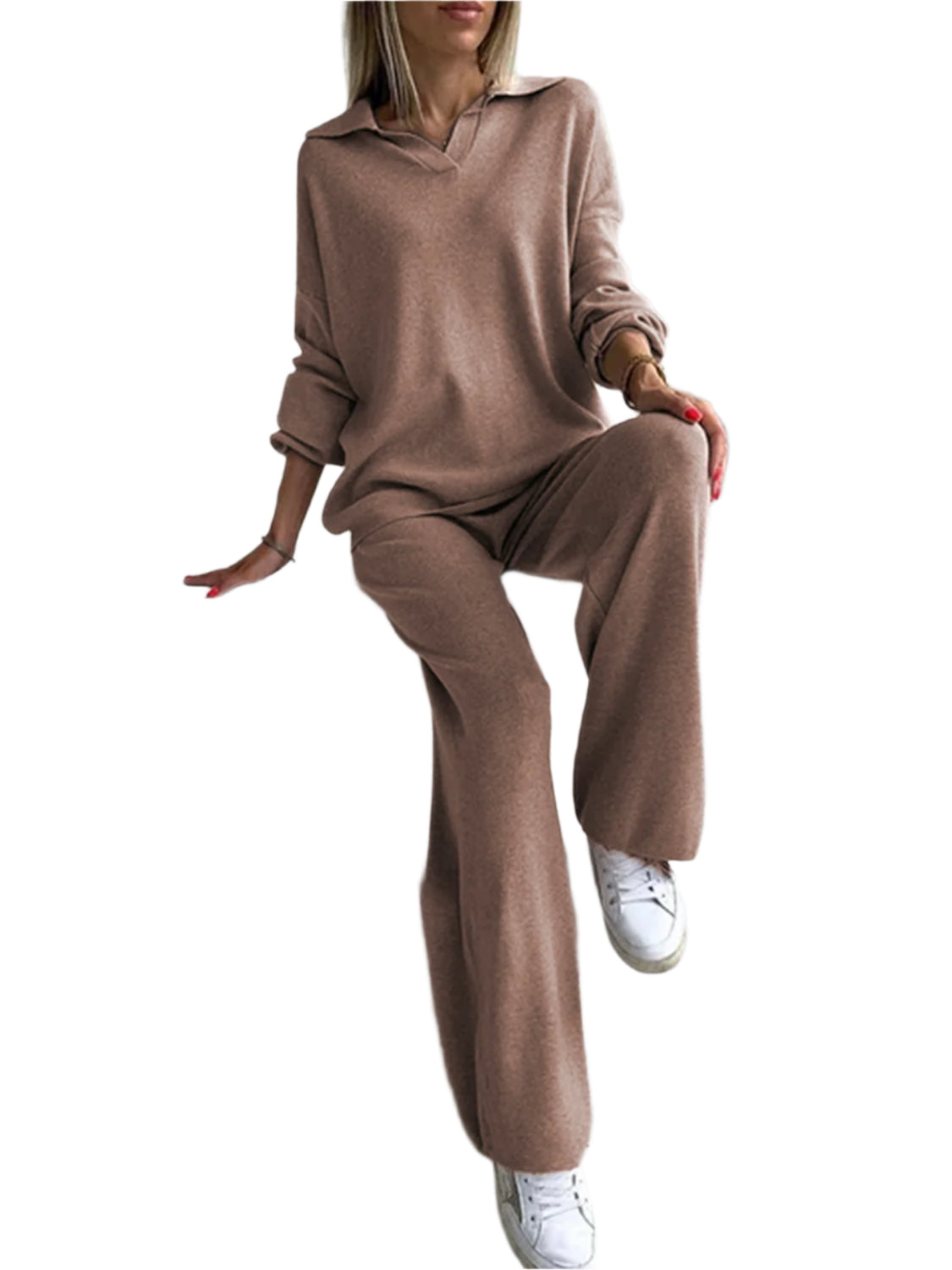 Johnny Collar Long Sleeve Top and Pants Sweater Set