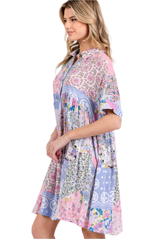 SAGE + FIG Floral Collared Neck Half Sleeve Mini Shirt Dress