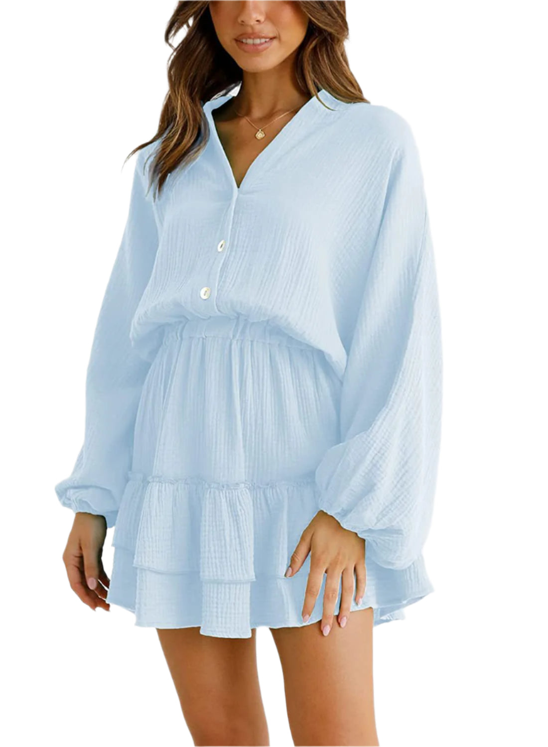 Ruffled Notched Balloon Sleeve Mini Dress