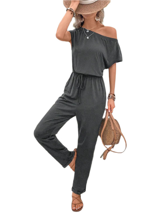 Perfee Single Shoulder Short Sleeve Jumpsuit