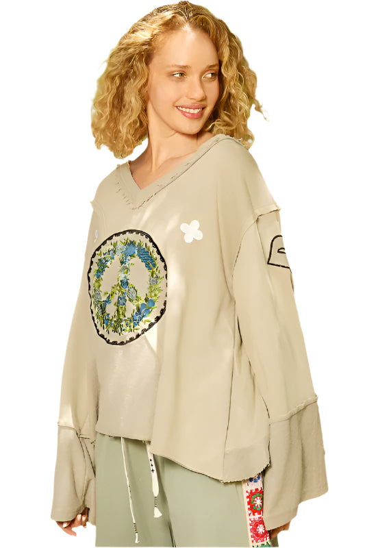 POL Peace Embroidered Exposed Seam Back Ruffle V-Neck Top