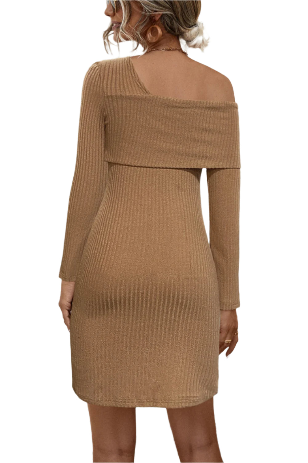 Asymmetrical Fold-Over Neck Ribbed Mini Dress