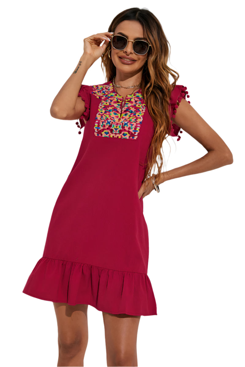 Graphic Embroidered Ruffle Hem Dress