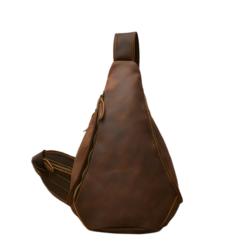 Men's Cowhide Leather Multi Zipper Chest Bag