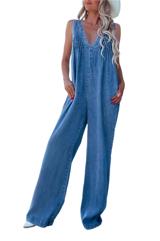 V-Neck Wide Leg Denim Jumpsuit