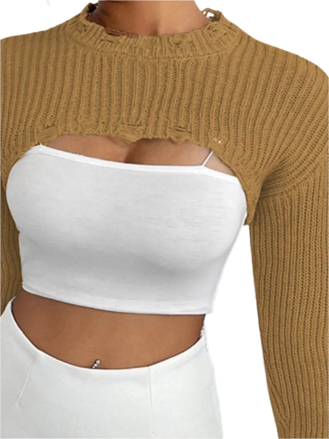 Distressed Long Sleeve Cropped Sweater