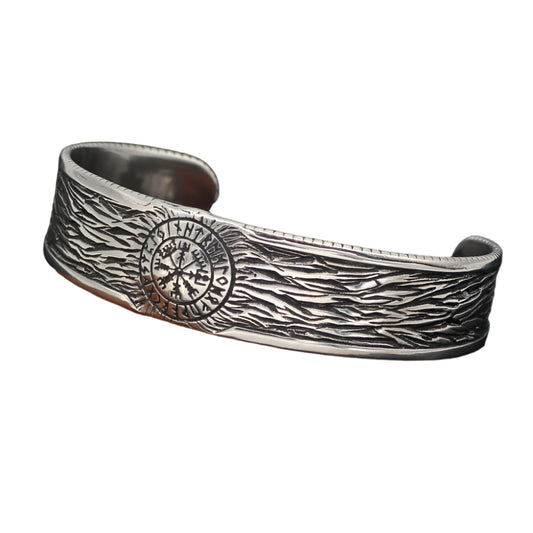 Vegvísir Stainless Steel Norse Elder Futhark  Runes Open Solid Cuff Bracelet
