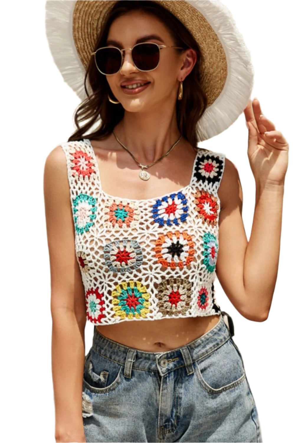 Geometric Square Neck Wide Strap Sweater Vest