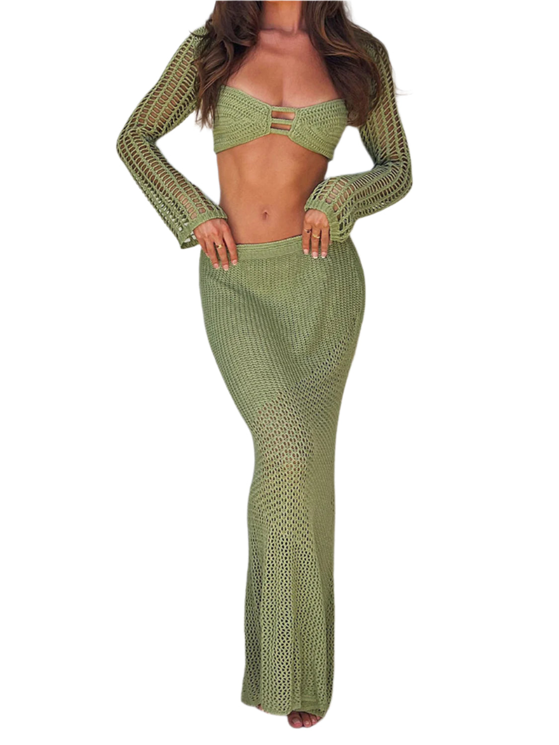 Tied Long Sleeve Top and Skirt Cover Up Set