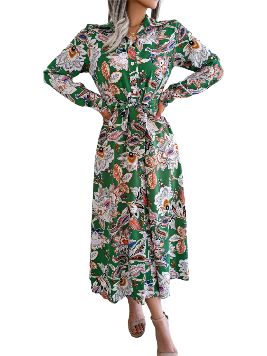 Tied Printed Long Sleeve Midi Dress