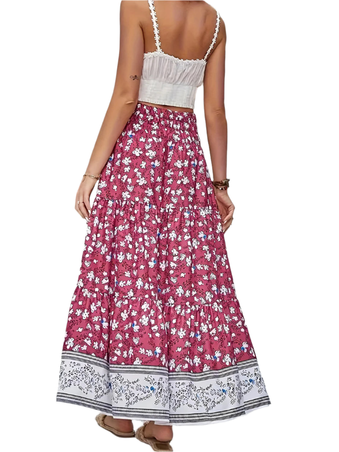 Full Size Tiered Printed Elastic Waist Skirt