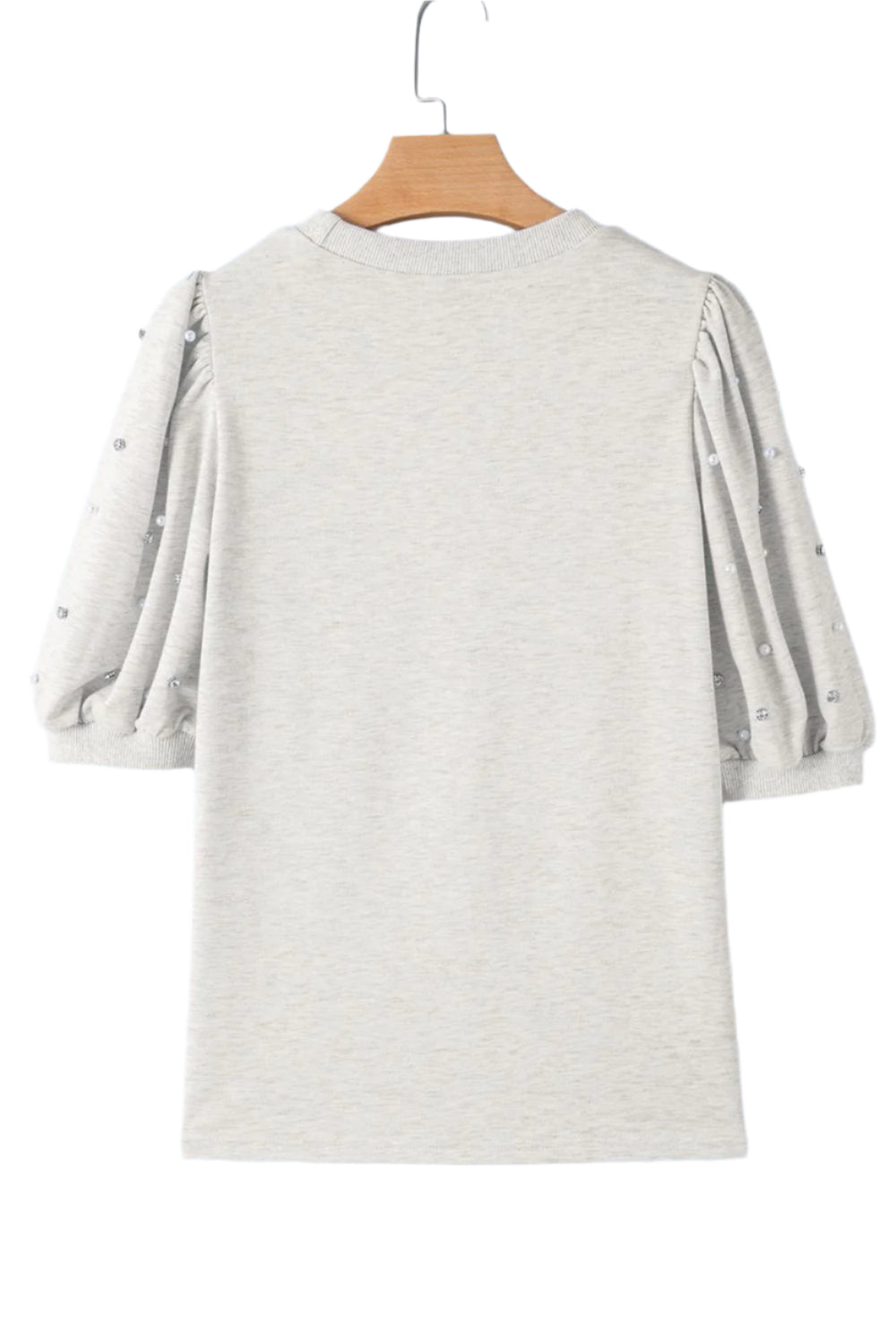 Rhinestone Pearl Detail Round Neck Puff Sleeve Top