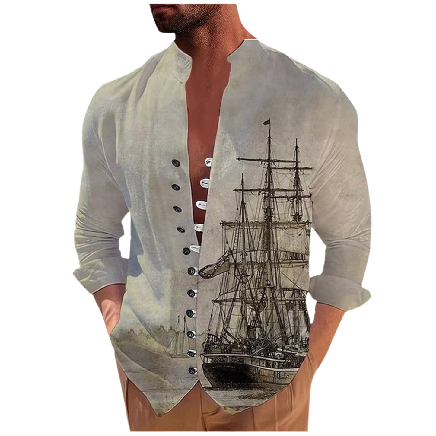 Men's 3D Vintage Print Long Ship Collard Long Sleeve Button Down Shirt
