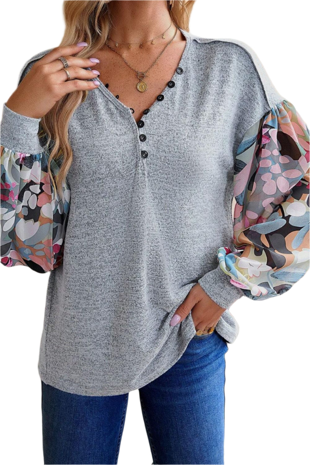 Printed Lantern Sleeve Buttoned V Neck Top