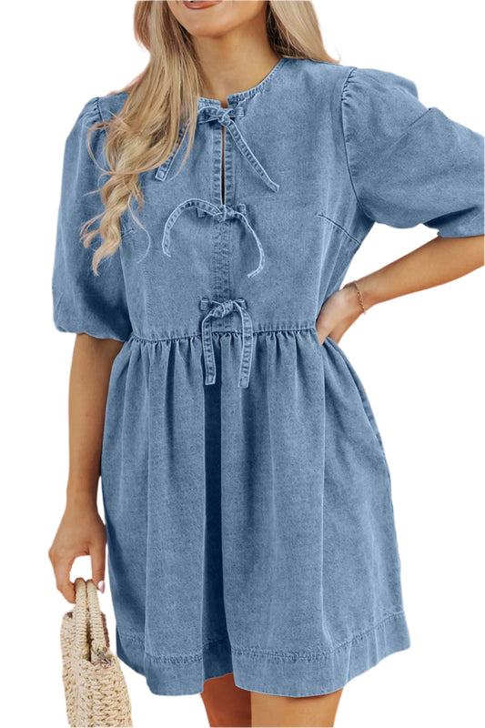 Bowknot Round Neck Half Sleeve Denim Dress