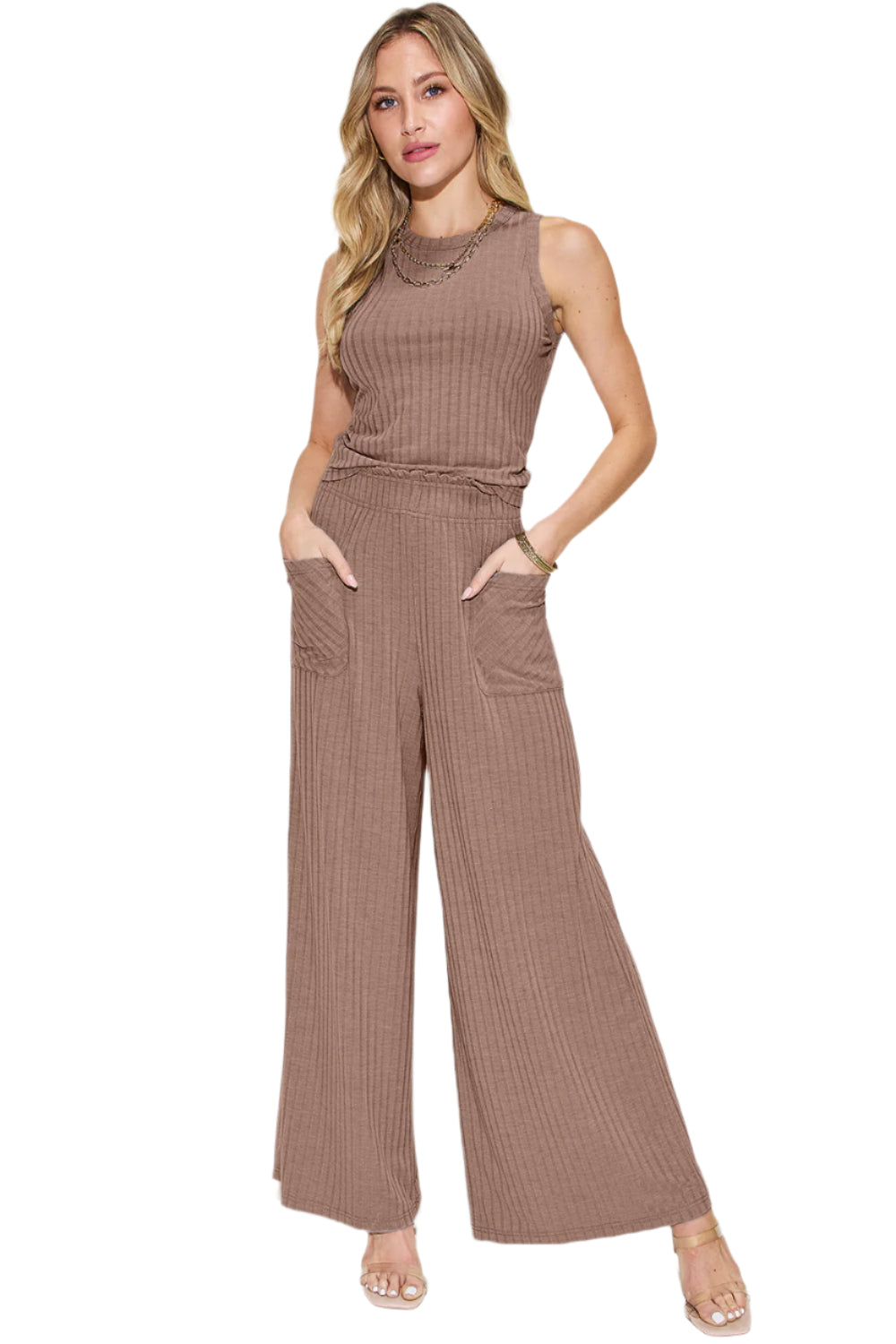 Basic Bae Full Size Ribbed Tank and Wide Leg Pants Set