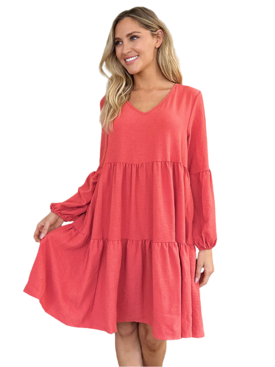 Double Take Full Size V-Neck Balloon Sleeve Tiered Dress with Pockets