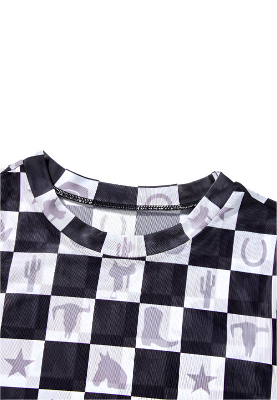 Checkered Mock Neck Long Sleeve Top