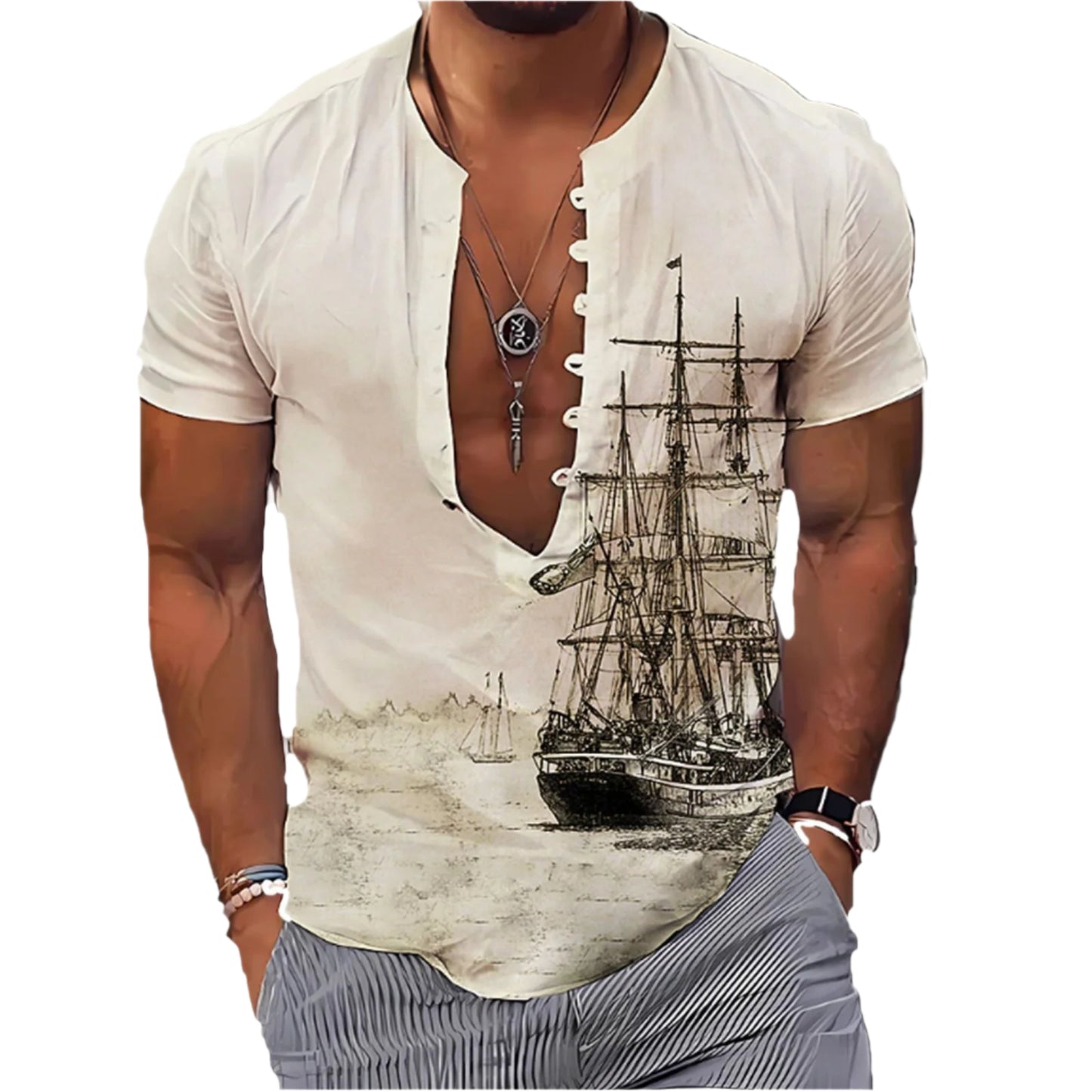 Men's 3D Vintage Print Long Ship Collard Long Sleeve Button Down Shirt