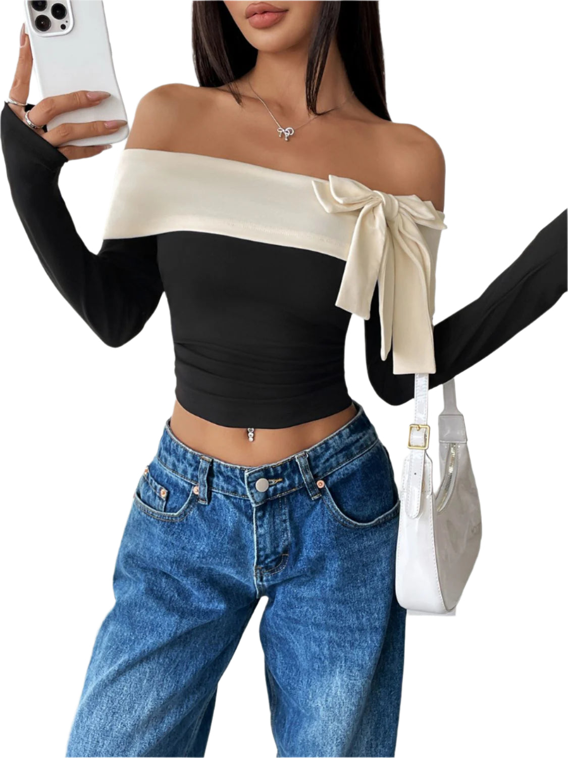 Perfee Bow Contrast Off-Shoulder Long Sleeve Top