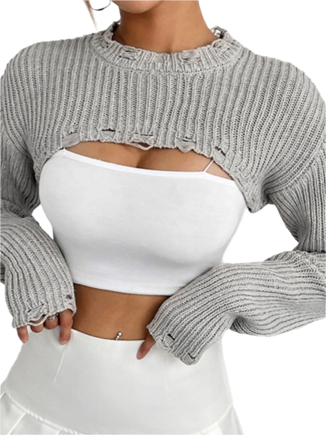 Distressed Long Sleeve Cropped Sweater