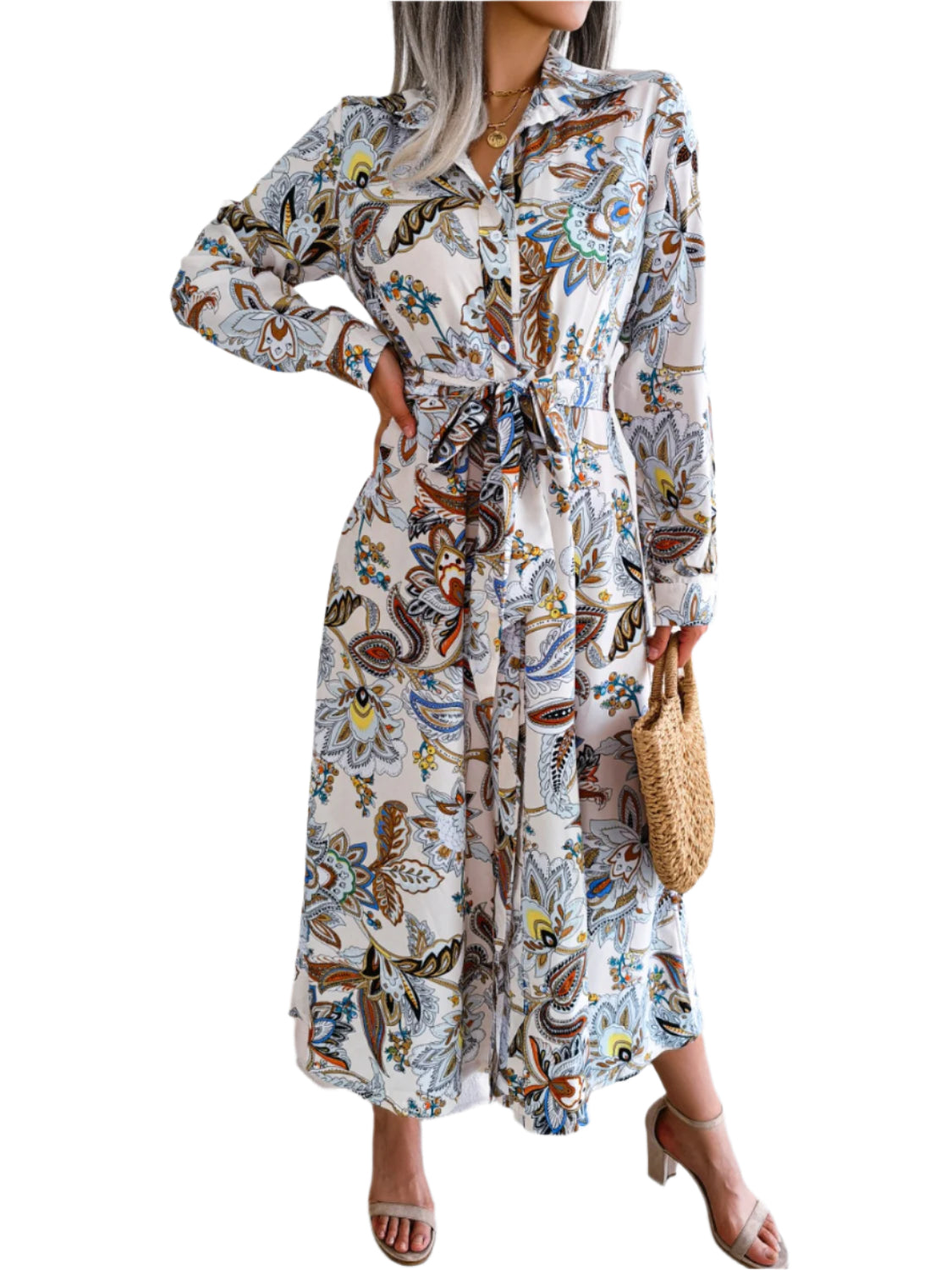 Tied Printed Long Sleeve Midi Dress