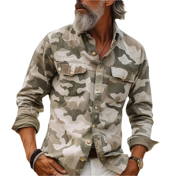 Men's Camouflage Long Sleeve Button Down Collared Shirt