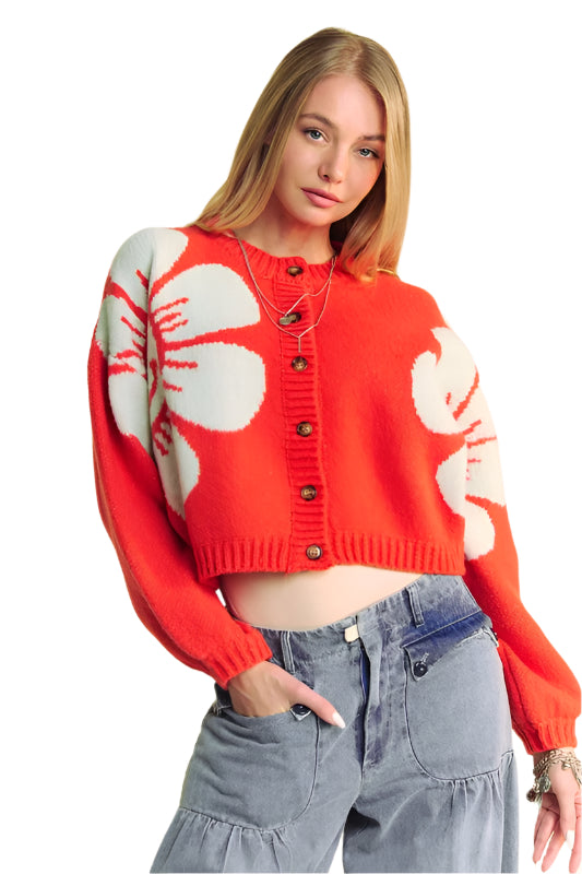 Davi & Dani Flower Contrast Round Neck Long Sleeve Cardigan