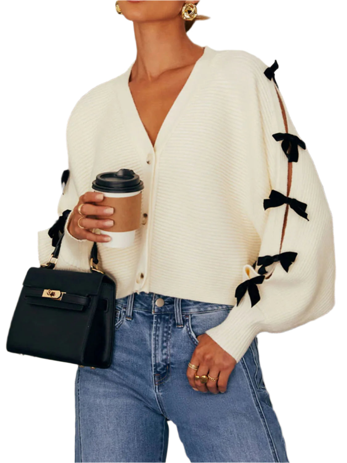 Bow V-Neck Cutout Sleeve Cardigan