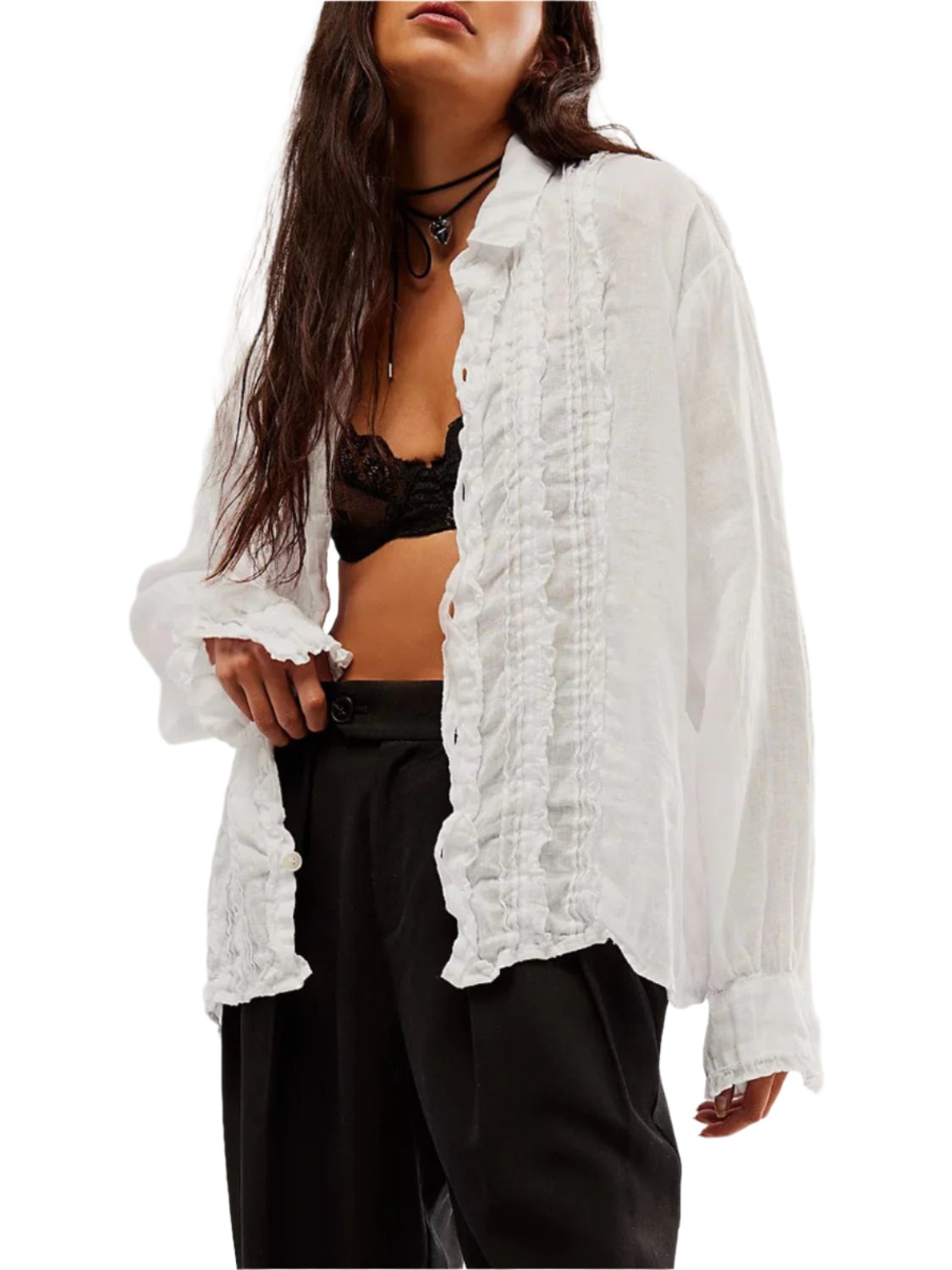 Frill Ruched Collared Neck Long Sleeve Shirt